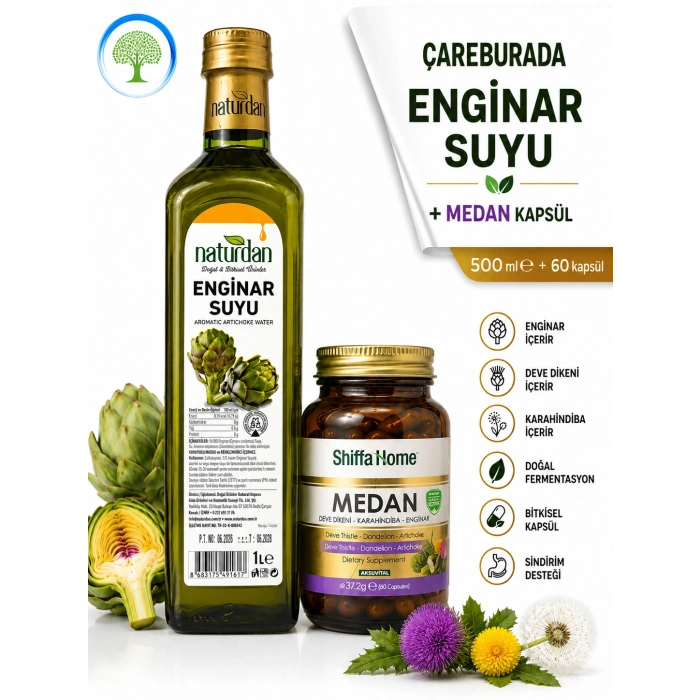 Naturdan Enginar Suyu 1L - Aromatik Su 1000 ml & ShiffaHome Medan 60 Kapsül