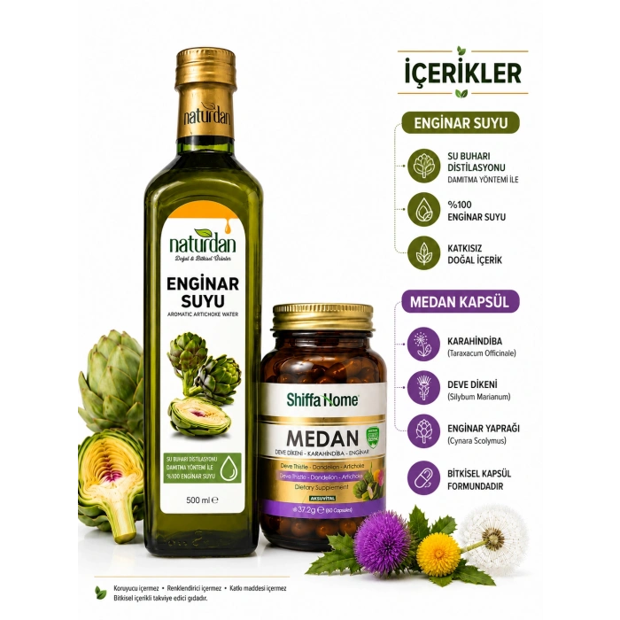 Naturdan Enginar Suyu 1L - Aromatik Su 1000 ml & ShiffaHome Medan 60 Kapsül