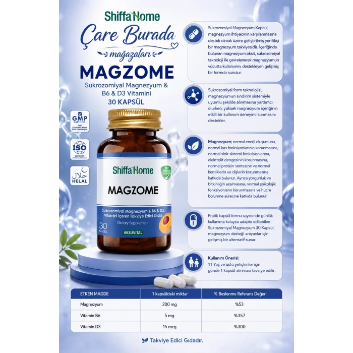 Shiffa Home - Sukrozomiyal Magnezyum & B6 & D3 Vitamini (30 Kapsül)