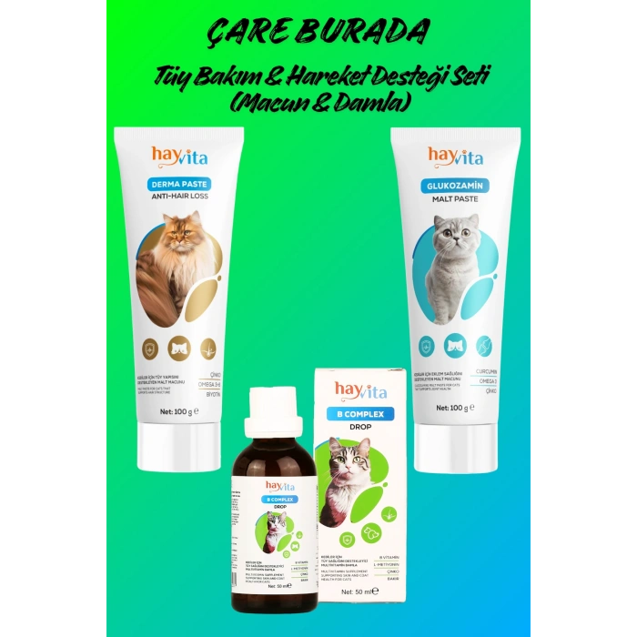 Tüy Bakım & Hareket Desteği Seti (B Complex Drop, Anti-Hair Loss & Glukozamin Macun)