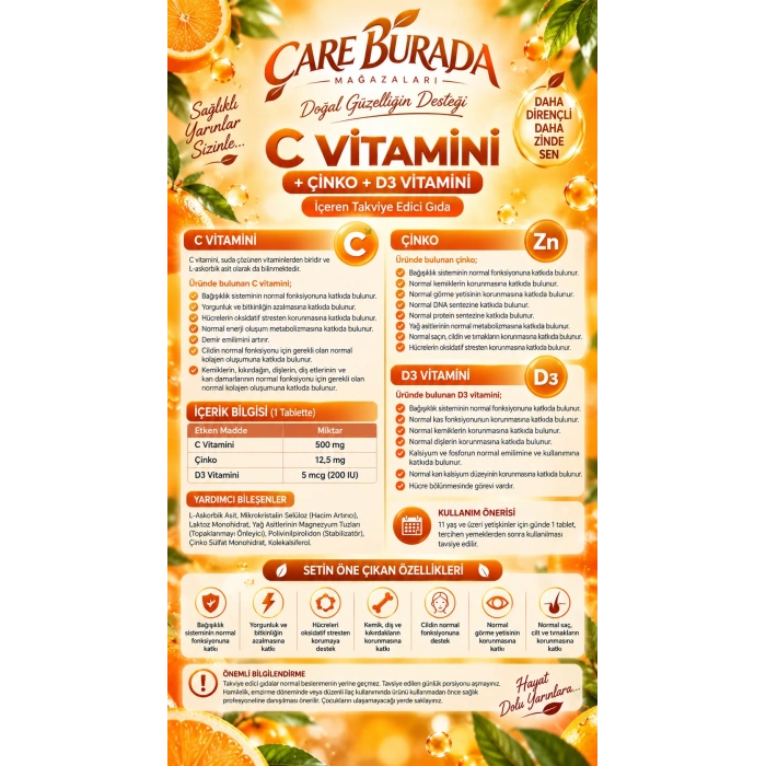 C Vitamini Kapsül 500 Mg 60 Kapsül (D3 + Çinko)