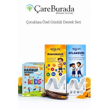 ÇareBurada Çocuklara Özel Günlük Destek Seti | Multivitamin, Kalsiyum D3 ve C Vitaminli Harnup Keçiboynuzu Özü