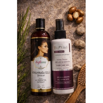 ÇareBurada Atkuyruğu Özlü Şampuan 400 ml + BioVitals Argan Keratin Saç Bakım Sütü 250 ml