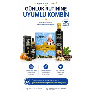 ÇareBurada Kış Seti | Propolis 20 ml & Kış Çayı 40 Poşet & Propolisli Zencefilli Keçi Boynuzu Özü 350 g