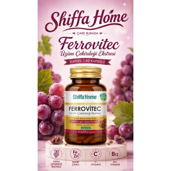 Ferrovitec Üzüm Çekirdeği Ekstresi Kapsül (60 Kapsül) (Demir & Çinko & C Vitamini & B12 Vitamini)
