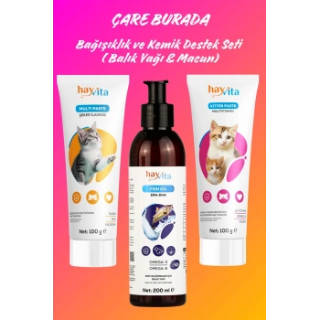 Bağışıklık & Kemik Desteği Seti (Balık Yağı, Multivitamin & Yavru ve Anne Kedi Macunu)