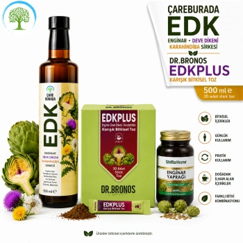 ÇareBurada EDK Sirke 500 ml & Dr. Bronos EDK Bitkisel Toz 30 Stick & Enginar Yaprağı 60 Kapsül | Enginar, Devedikeni, Karahindiba