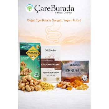 ÇareBurada Günlük Destek Seti & Zencefilli Çay, Havlıcanlı Polenli Karışım & Zerdeçal Kapsül