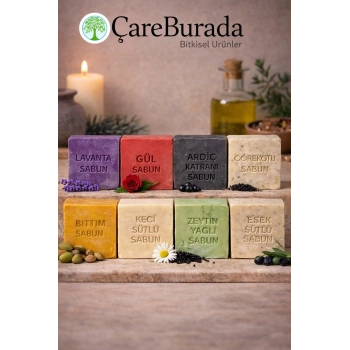 ÇareBurada Sabun Seti 8li - Lavanta & Gül & Ardıç Katranı & Çörekotu & Bıttım & Keçi Sütlü & Zeytin Yağlı & Eşek Sütlü