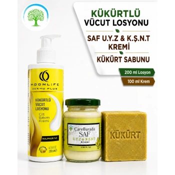 Moonlife Kükürtlü Vücut Losyonu 200 ml & ÇareBurada U.Y.Z & K.Ş.N.T Kremi 100 ml & Kükürt Sabunu 3lü Kükürt Seti