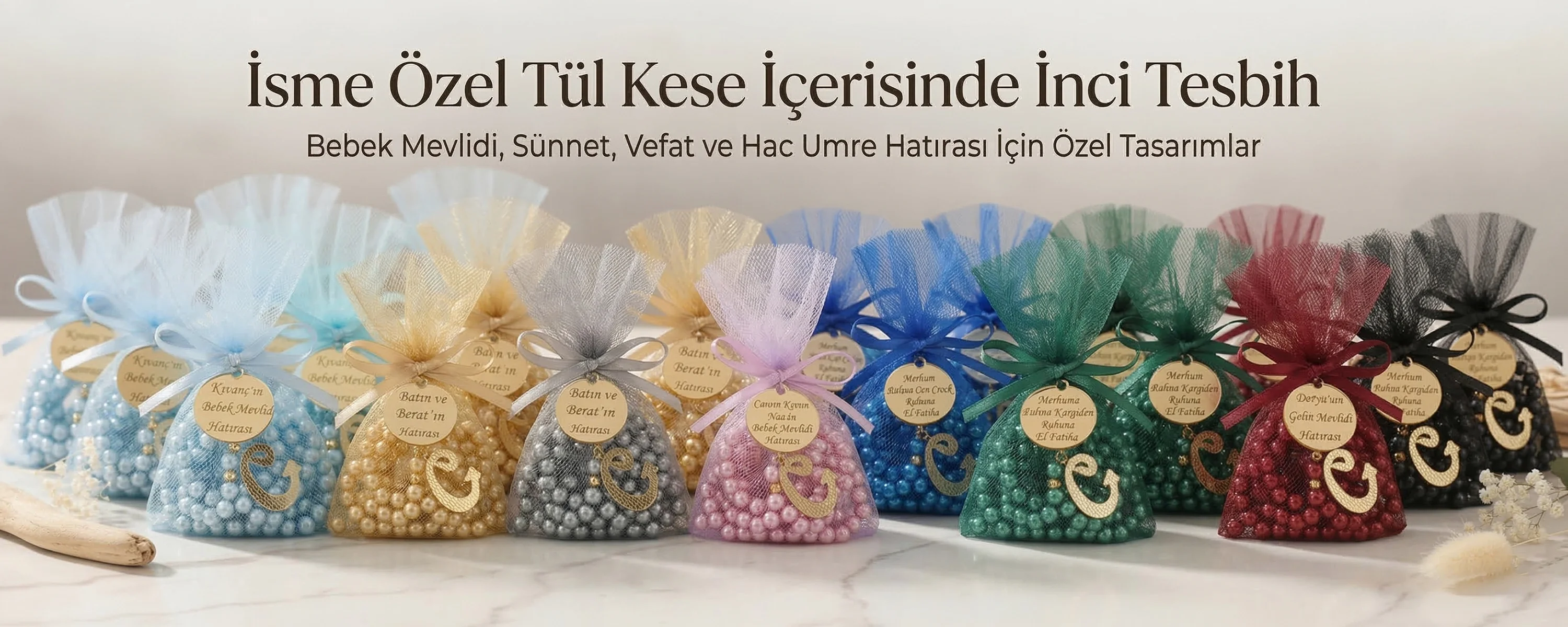 İsme özel inci tesbih tül kese içerisinde