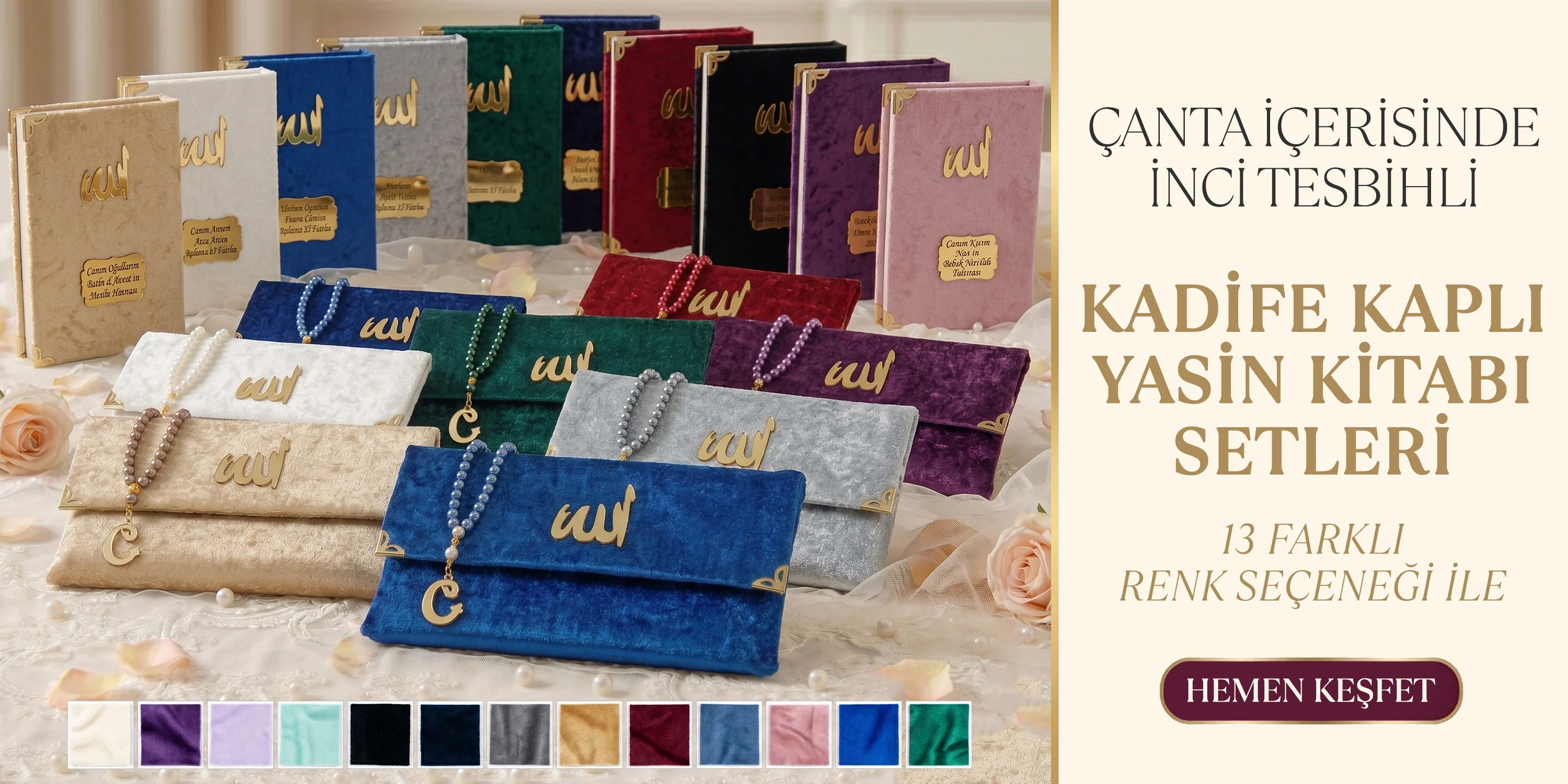 Kadife Kumaş Kaplı Çanta ve Tesbihli Yasin Setleri