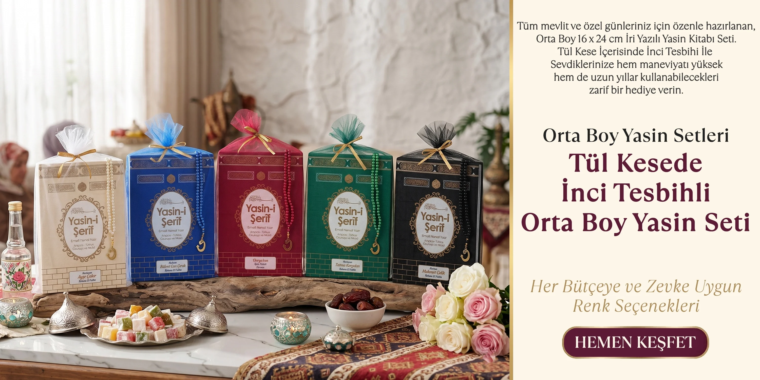 Tül Kesede İnci Tesbihli Orta Boy Yasin Kitapları