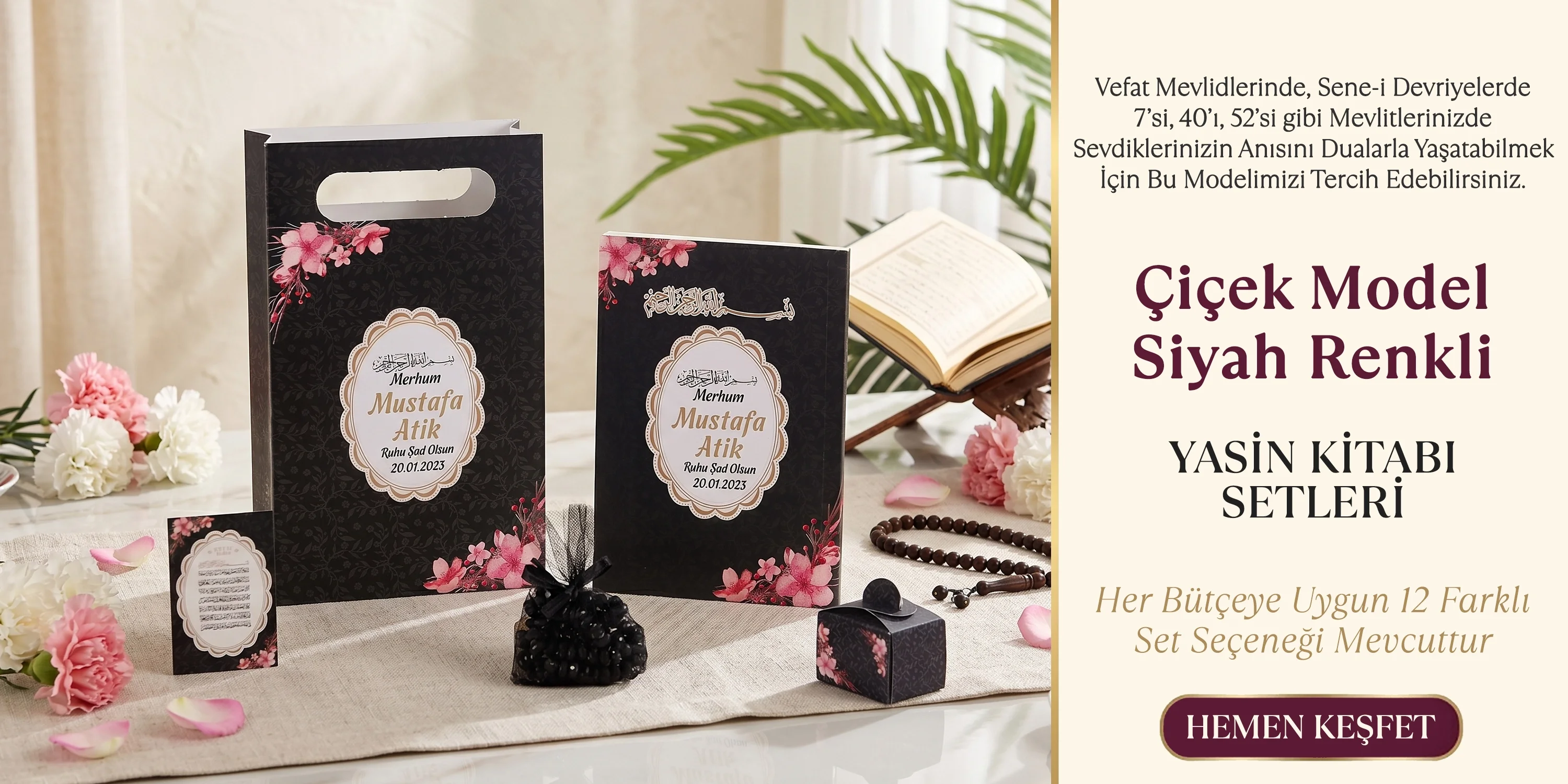 Çiçek Model Siyah Renkli Yasin Setleri
