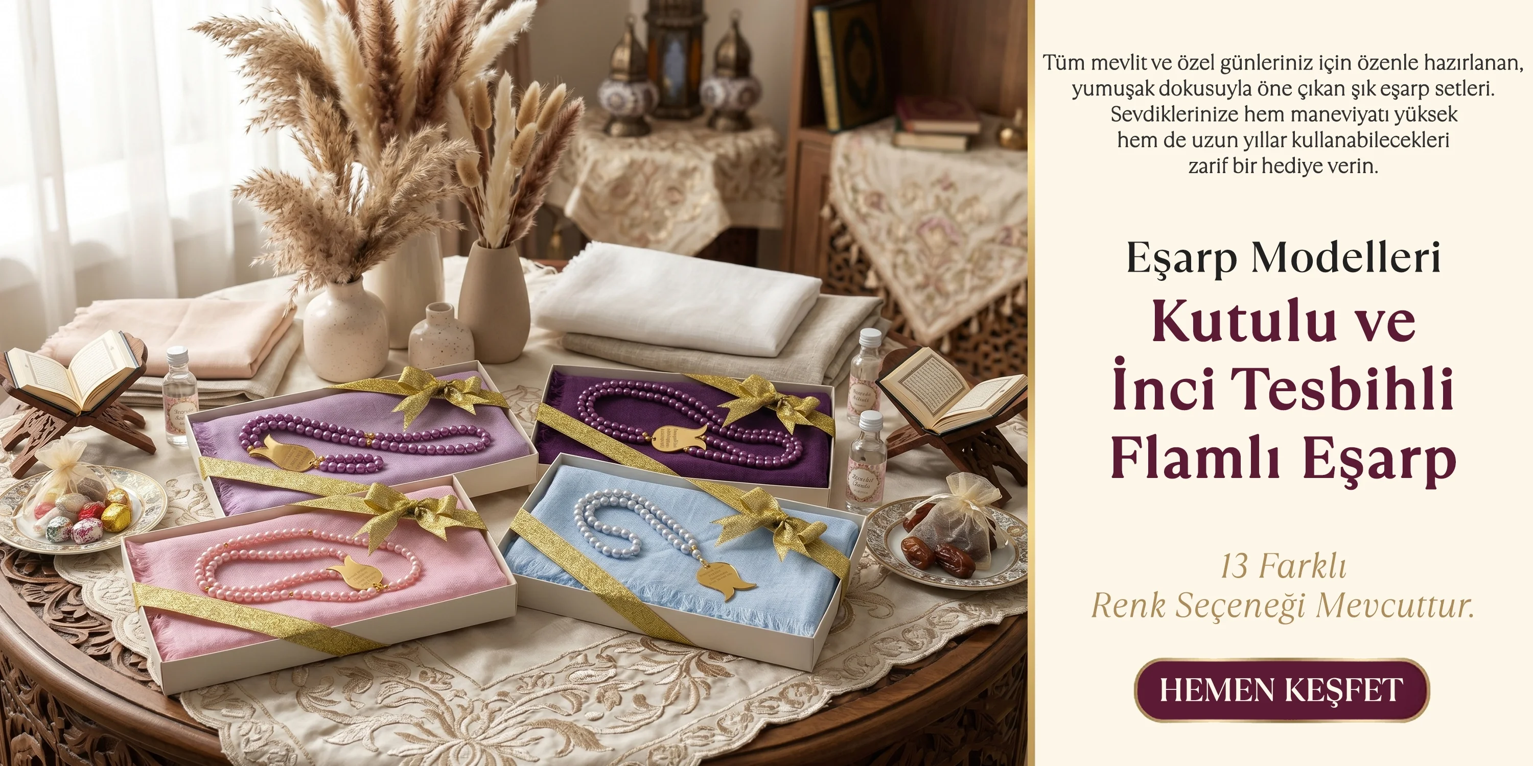 Kutuda Flamlı Eşarp ve Tesbih Setleri