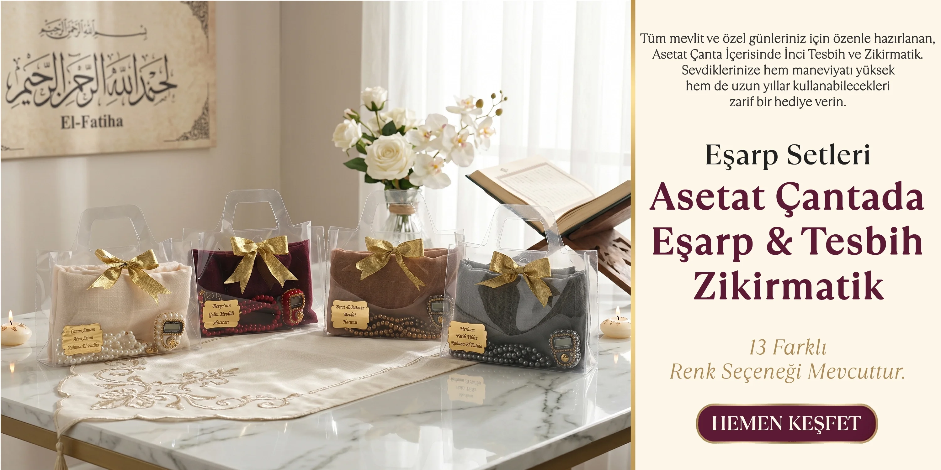 Asetat Çantada Eşarp, Tesbih ve Zikirmatik Setleri