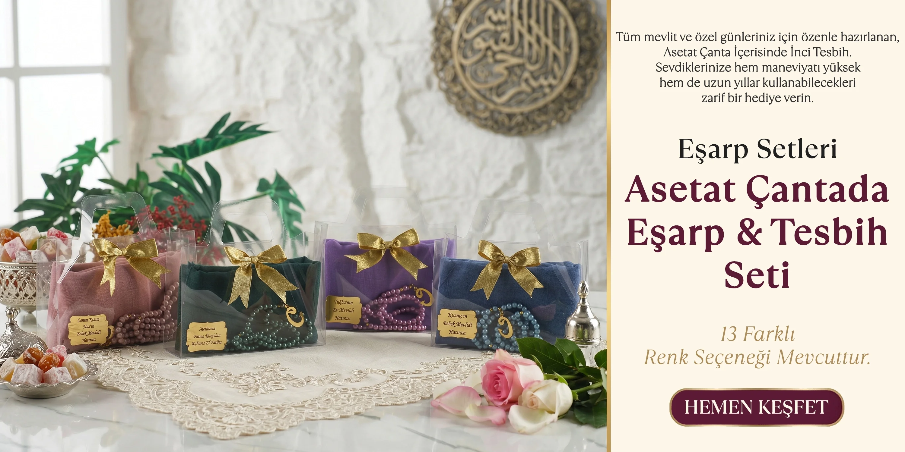 Asetat Çantada Eşarp ve Tesbih Setleri