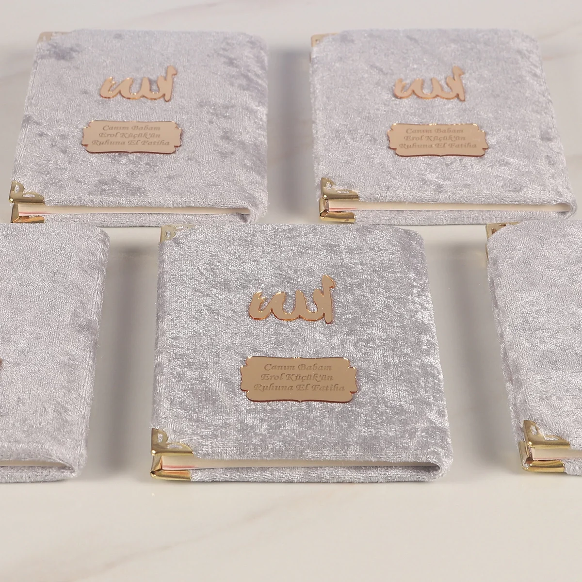 Tül Kese İçerisinde İnci Tesbihli Gri Renkli Kadife Yasin Kitabı Seti - Mevlüt Hediyelikleri