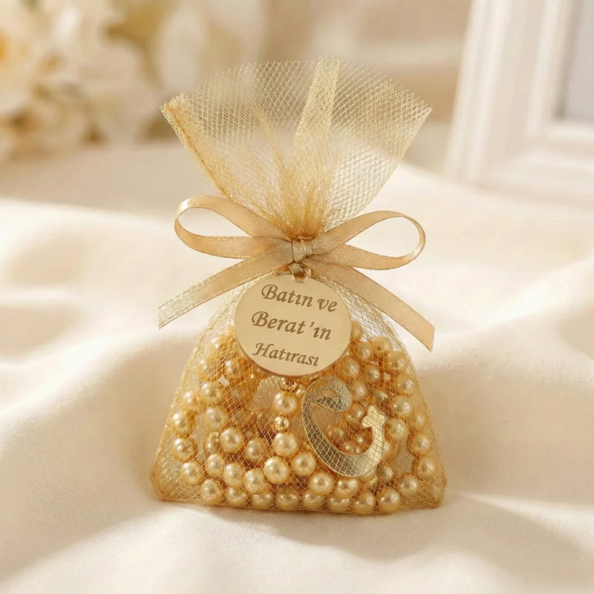 İsme Özel Gold Renkli Tül Kese İçerisinde İnci Tesbih - Mevlüt Hediyelikleri