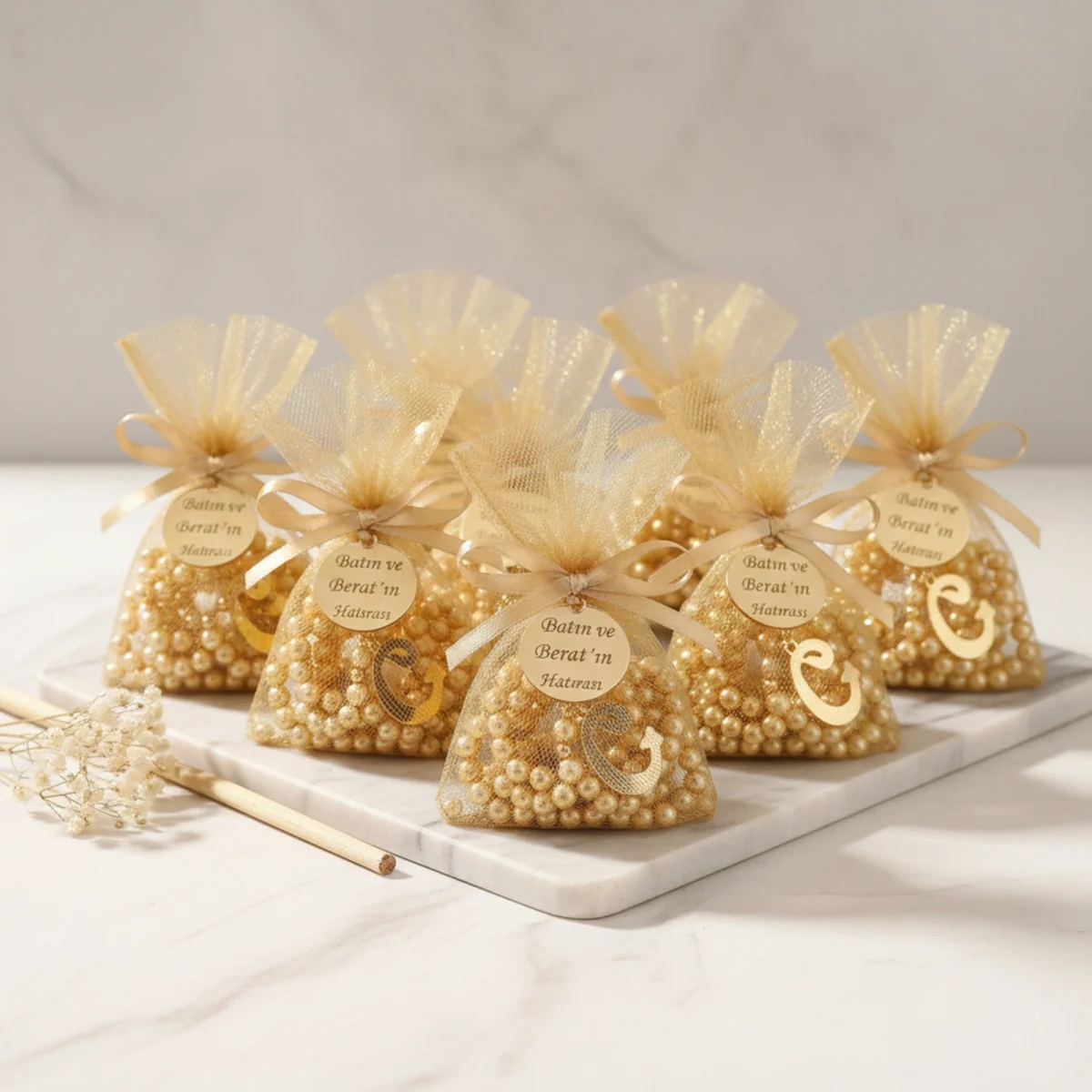 İsme Özel Gold Renkli Tül Kese İçerisinde İnci Tesbih - Mevlüt Hediyelikleri