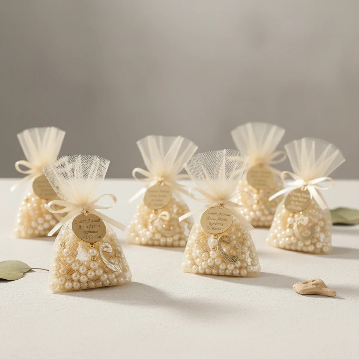 İsme Özel Krem Renkli Tül Kese İçerisinde İnci Tesbih - Mevlüt Hediyelikleri