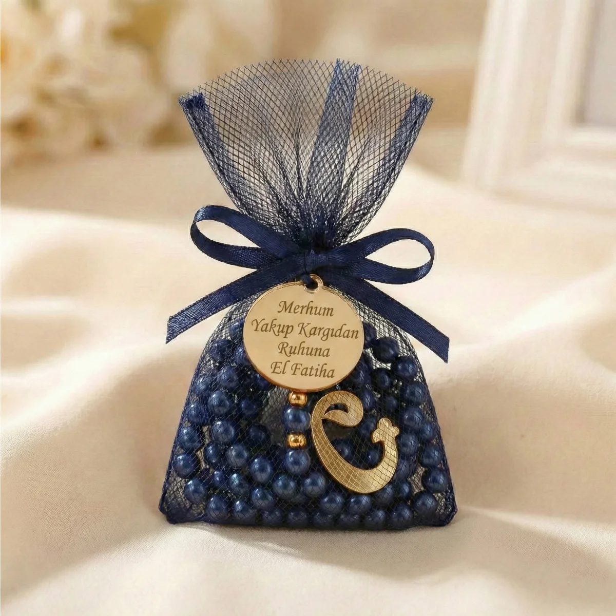 İsme Özel Lacivert Renkli Tül Kese İçerisinde İnci Tesbih - Mevlüt Hediyelikleri