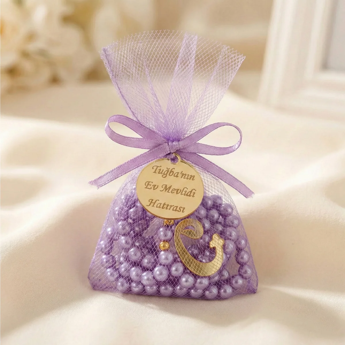 İsme Özel Lila Renkli Tül Kese İçerisinde İnci Tesbih - Mevlüt Hediyelikleri