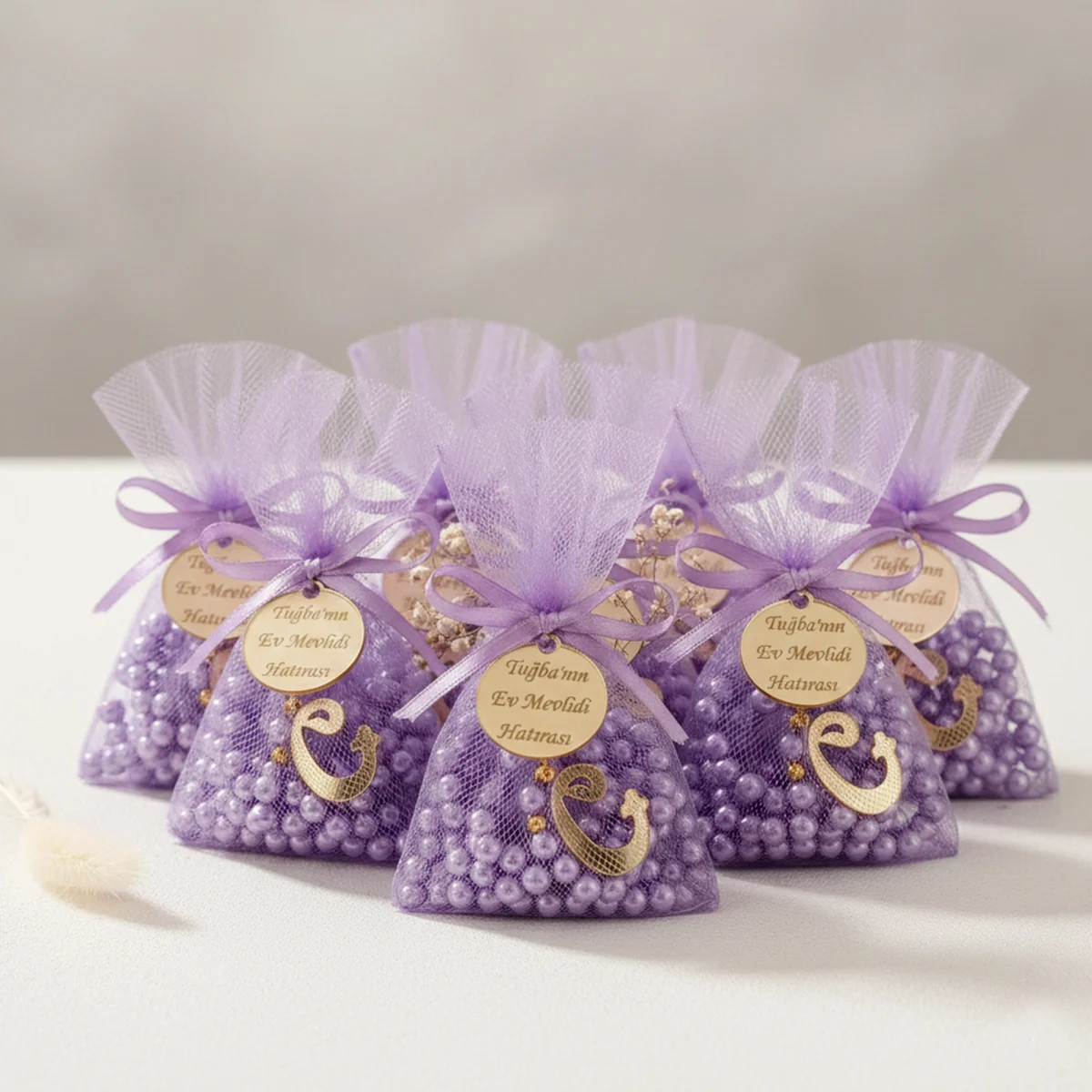 İsme Özel Lila Renkli Tül Kese İçerisinde İnci Tesbih - Mevlüt Hediyelikleri