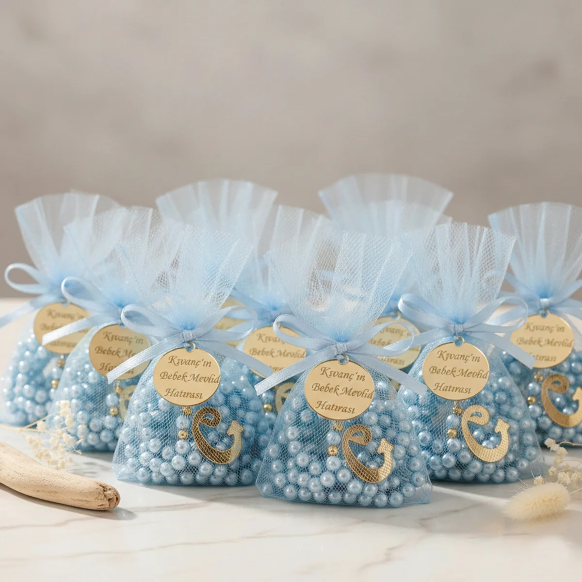 İsme Özel Mavi Renkli Tül Kese İçerisinde İnci Tesbih - Mevlüt Hediyelikleri