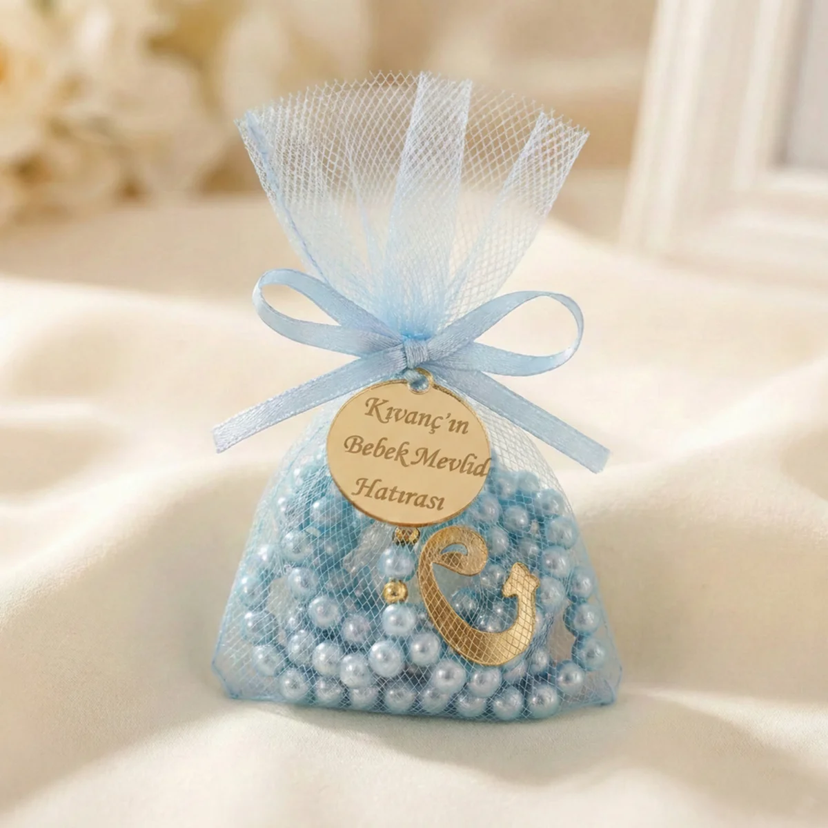 İsme Özel Mavi Renkli Tül Kese İçerisinde İnci Tesbih - Mevlüt Hediyelikleri