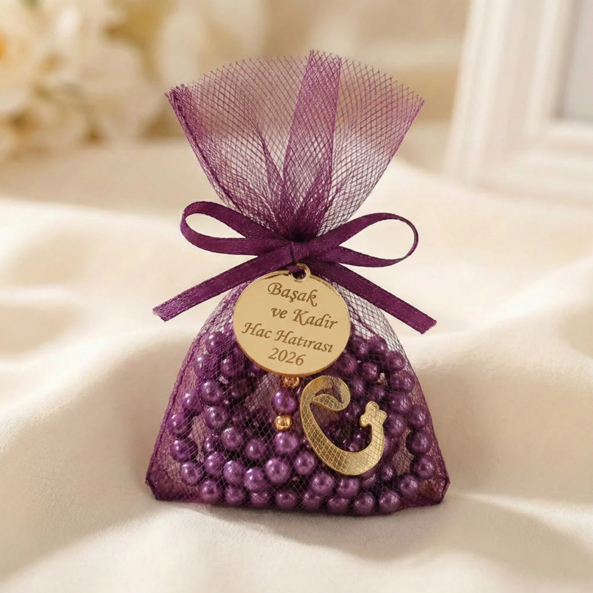 İsme Özel Mor Renkli Tül Kese İçerisinde İnci Tesbih - Mevlüt Hediyelikleri
