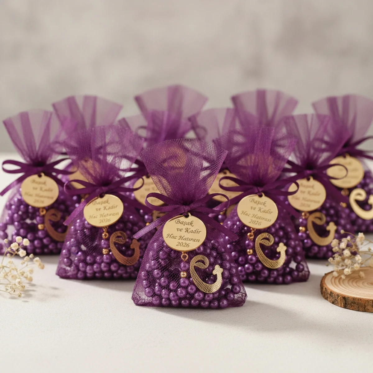 İsme Özel Mor Renkli Tül Kese İçerisinde İnci Tesbih - Mevlüt Hediyelikleri