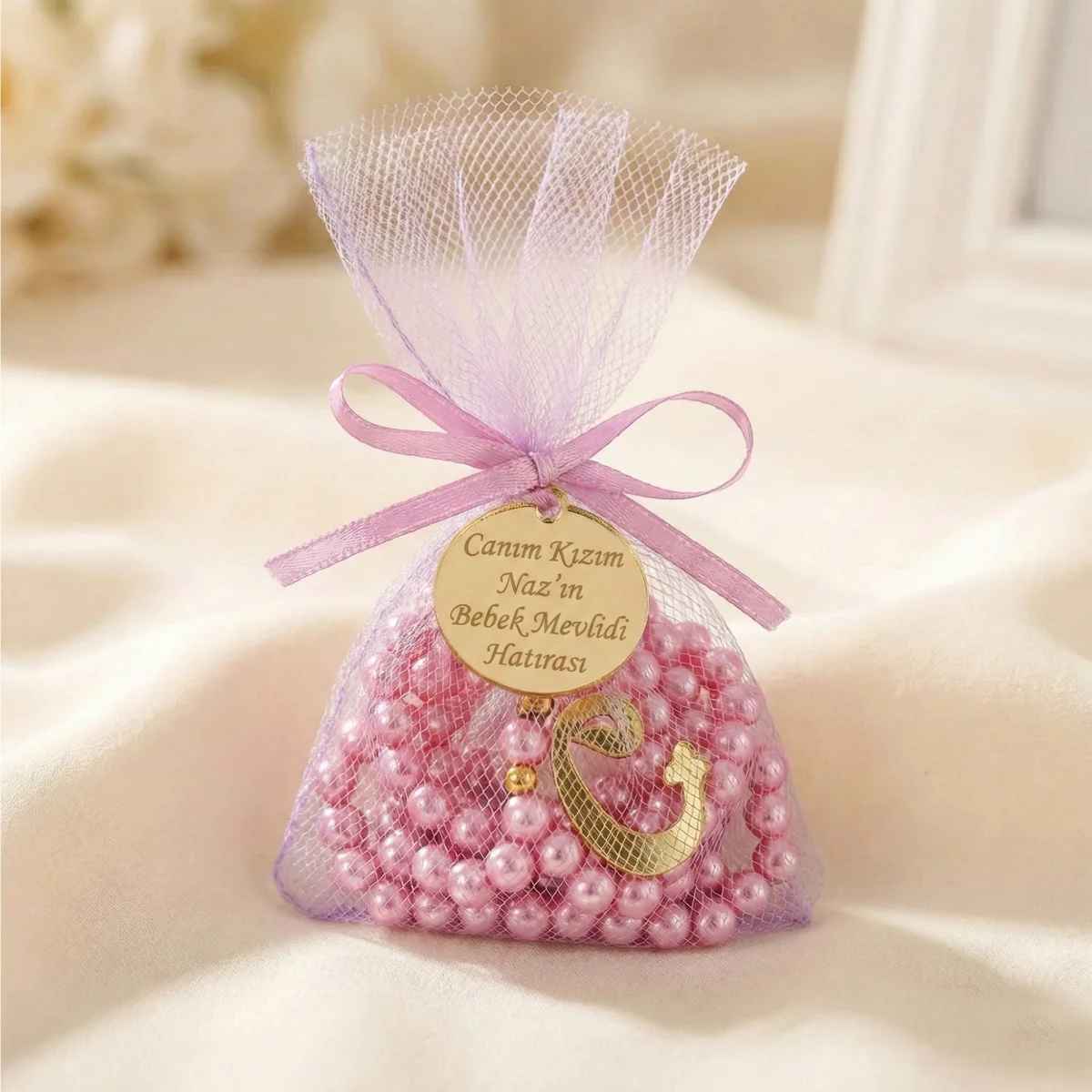 İsme Özel Pembe Renkli Tül Kese İçerisinde İnci Tesbih - Mevlüt Hediyelikleri