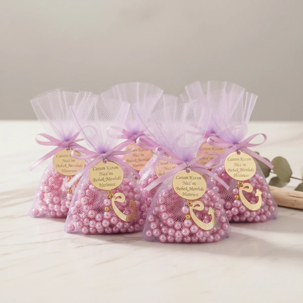 İsme Özel Pembe Renkli Tül Kese İçerisinde İnci Tesbih - Mevlüt Hediyelikleri