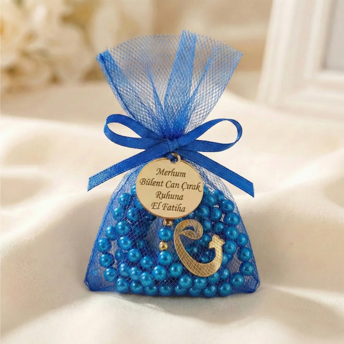 İsme Özel Saks Mavisi Renkli Tül Kese İçerisinde İnci Tesbih - Mevlüt Hediyelikleri