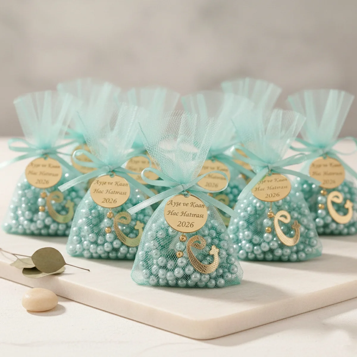 İsme Özel Su Yeşili Renkli Tül Kese İçerisinde İnci Tesbih - Mevlüt Hediyelikleri