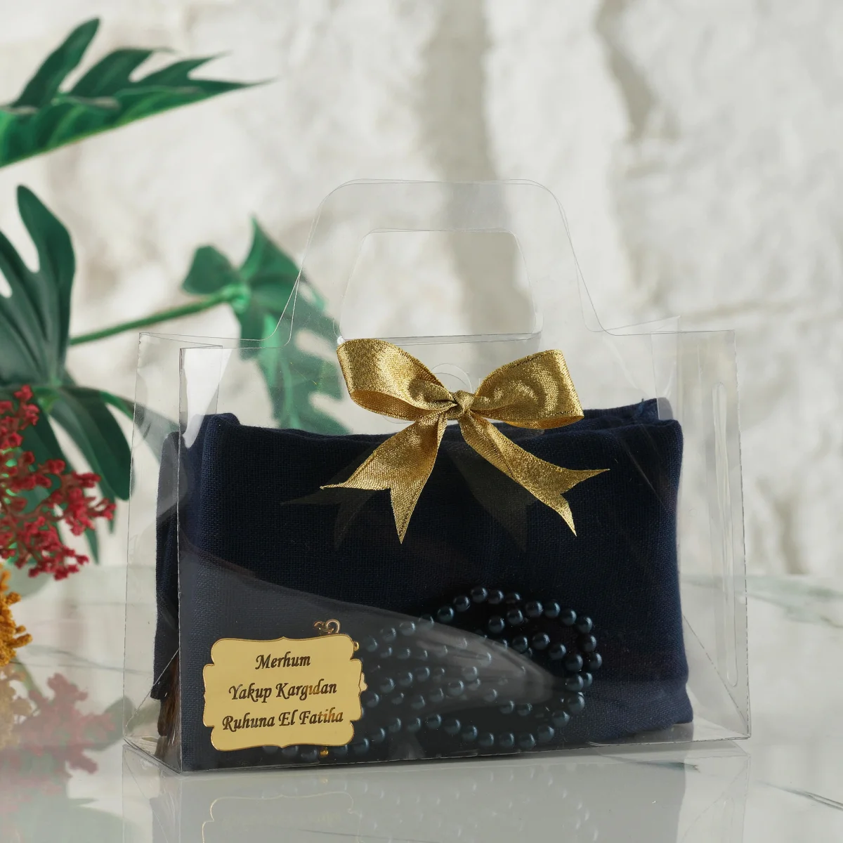 Asetat Çanta İçerisinde İsme Özel, Lacivert Renkli Eşarp, Tesbih Seti