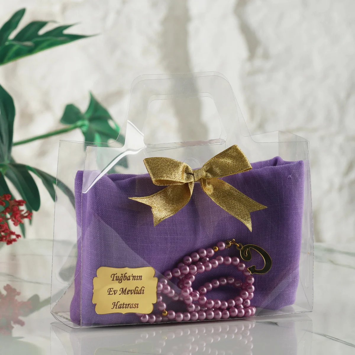 Asetat Çanta İçerisinde İsme Özel, Lila Renkli Eşarp, Tesbih Seti