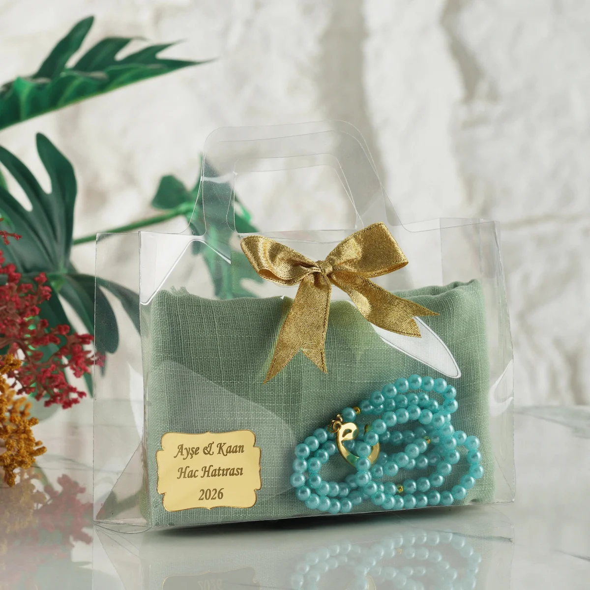 Asetat Çanta İçerisinde İsme Özel, Su Yeşili Renkli Eşarp, Tesbih Seti