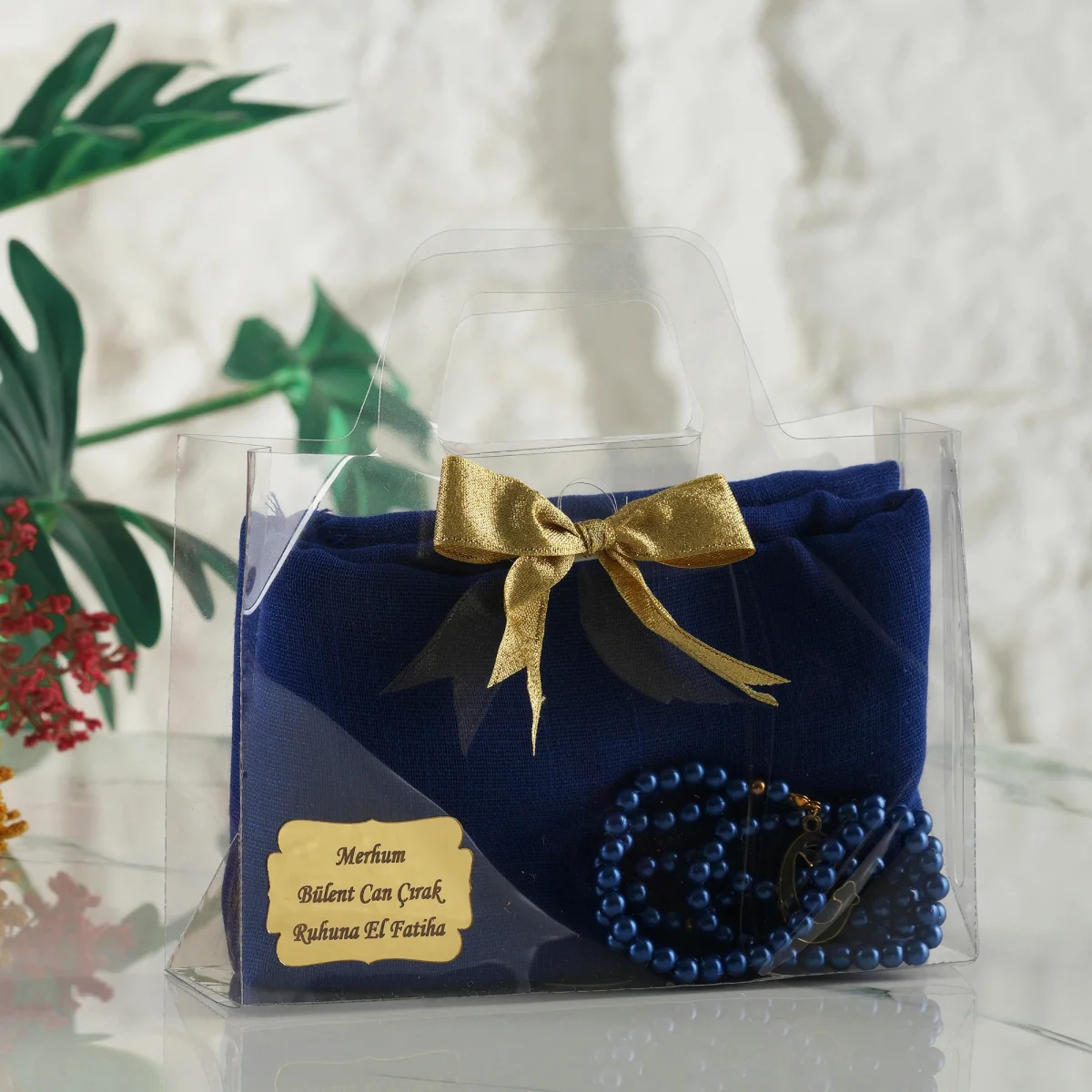 Asetat Çanta İçerisinde İsme Özel, Saks Mavisi Renkli Eşarp, Tesbih Seti