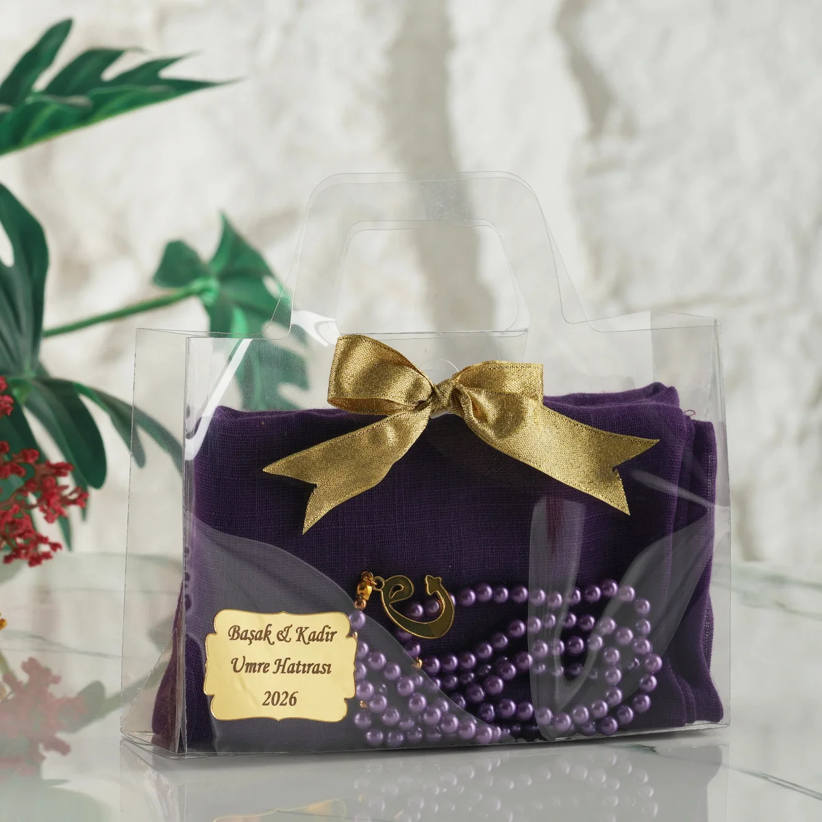 Asetat Çanta İçerisinde İsme Özel, Mor Renkli Eşarp, Tesbih Seti