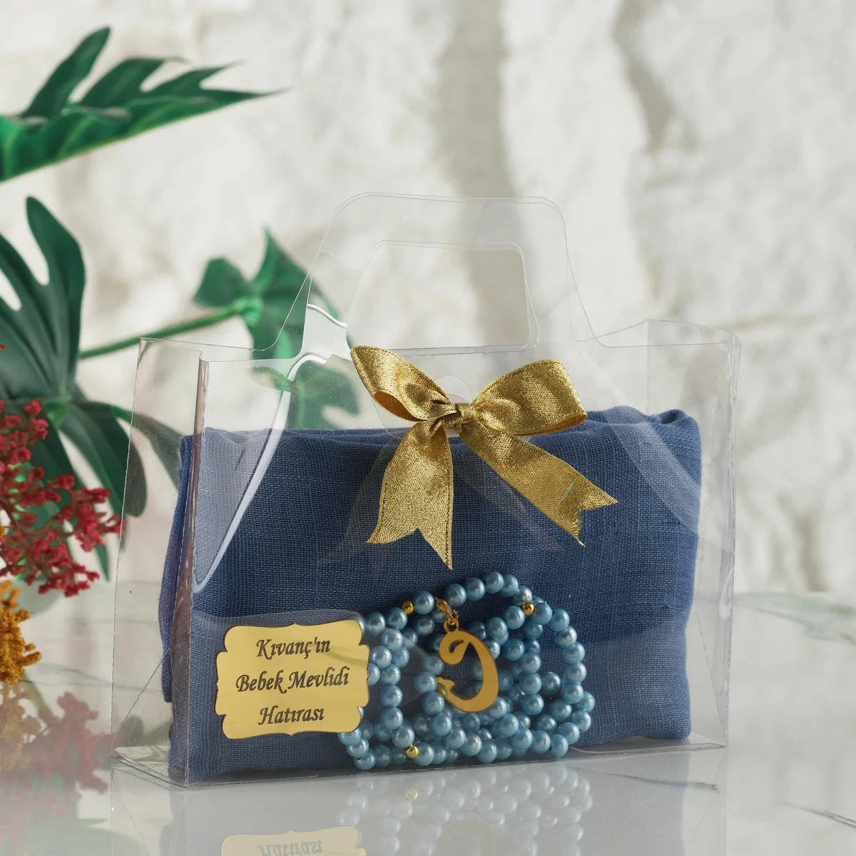 Asetat Çanta İçerisinde İsme Özel, Mavi Renkli Eşarp, Tesbih Seti