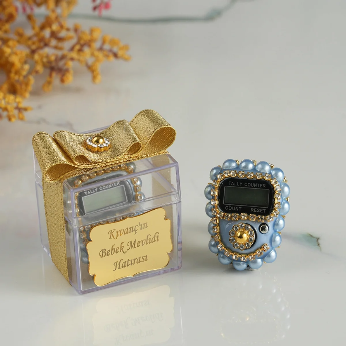 Mavi Renkli Süslemeli Mika Kutuda İsme Özel Zikirmatik