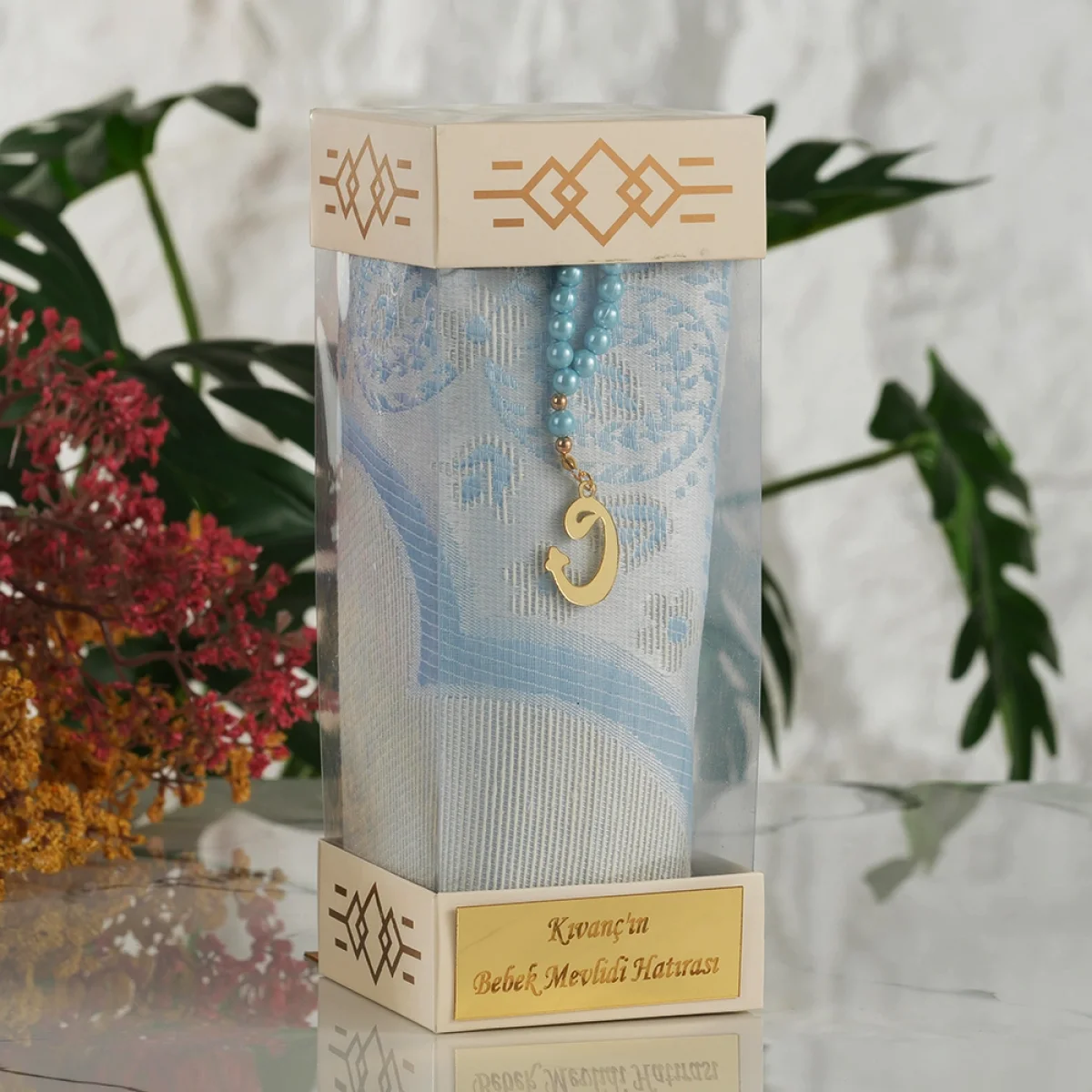 Mavi Renkli İsme Özel Silindir Kutu İçerisinde Seccade ve Tesbih