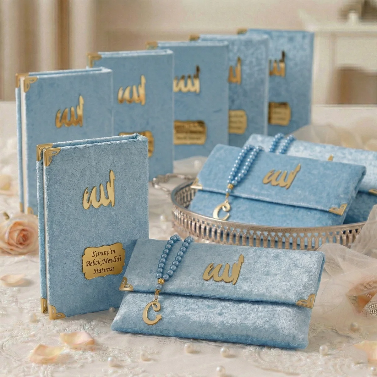 Kadife Kumaş Kaplı Çanta İçerisinde İnci Tesbihli Mavi Renkli Kadife Yasin Kitabı Seti - Mevlüt Hediyelikleri