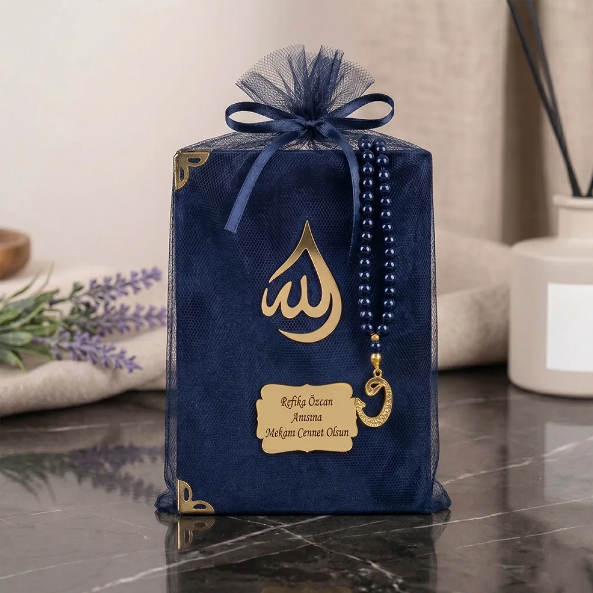 Tül Kese İçerisinde İnci Tesbihli Lacivert Renkli BabyFace Yasin Kitabı Seti - Mevlüt Hediyelikleri