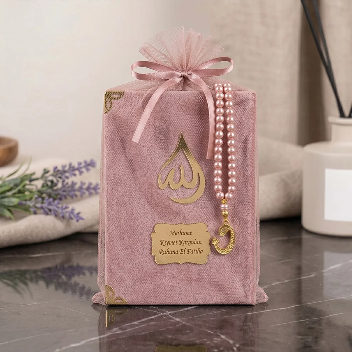 Tül Kese İçerisinde İnci Tesbihli Pembe Renkli BabyFace Yasin Kitabı Seti - Mevlüt Hediyelikleri