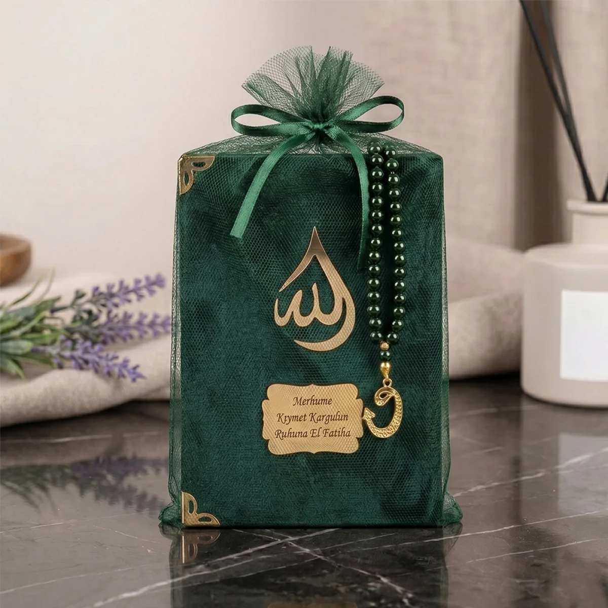 Tül Kese İçerisinde İnci Tesbihli Zümrüt Renkli BabyFace Yasin Kitabı Seti - Mevlüt Hediyelikleri