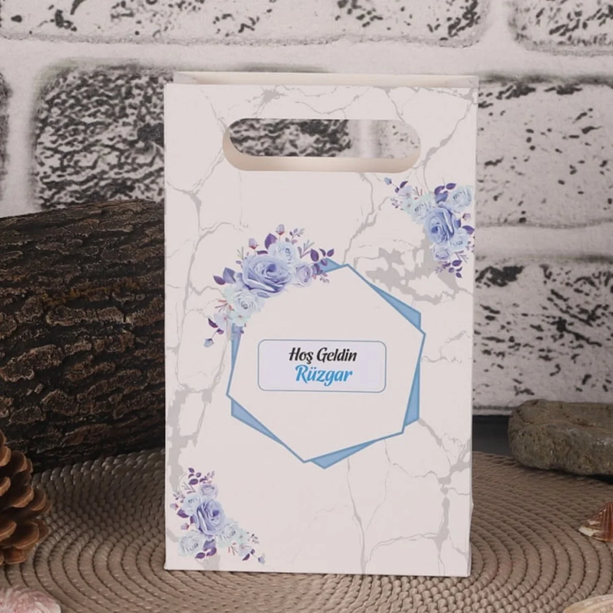 Altıgen Model Mavi Renkli Mevlüt İçin Karton Çanta