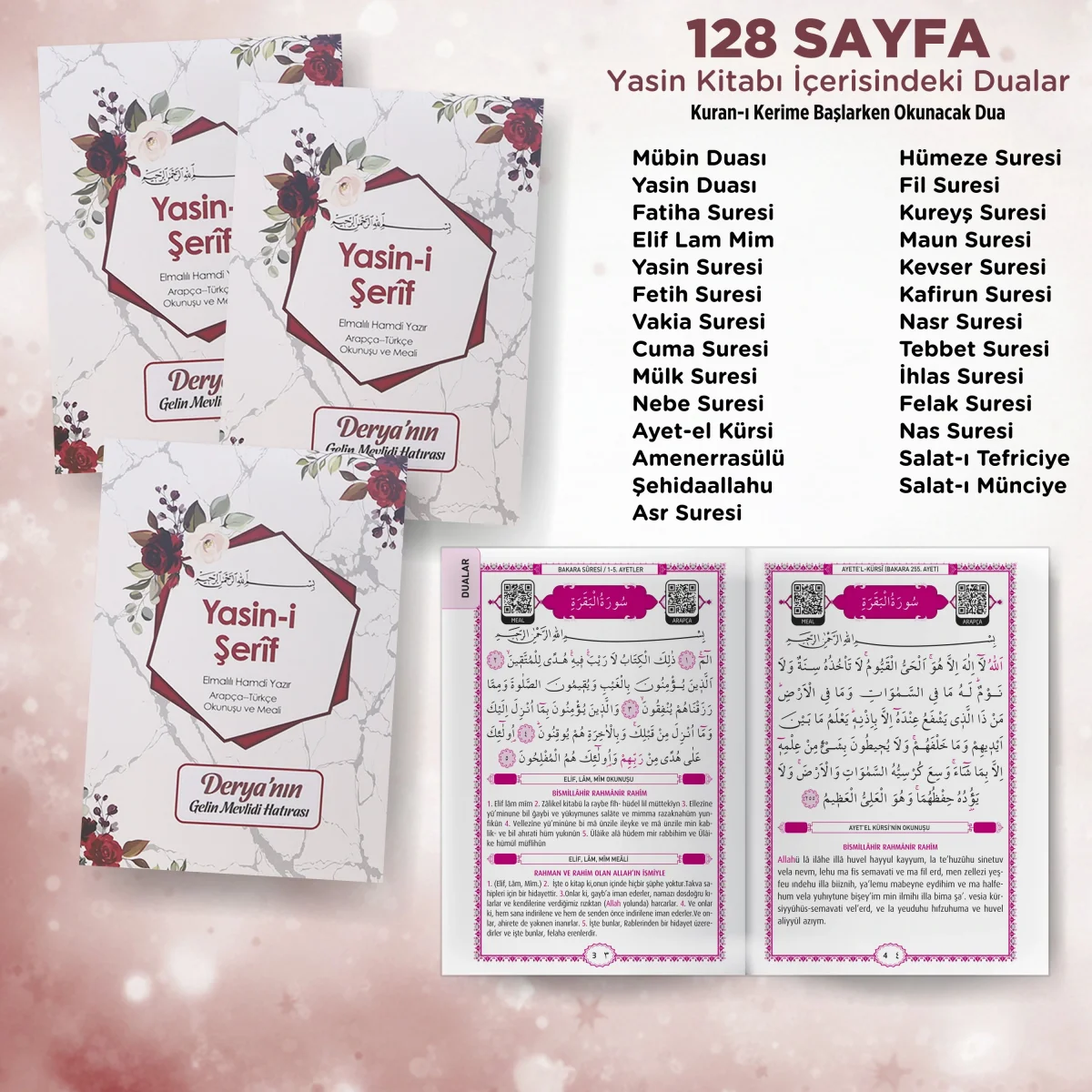 Altıgen Model Kırmızı Renkli Ambalaj İçerisinde Yasin Kitabı, Magnet ve Tesbih - Mevlüt Hediyelikleri